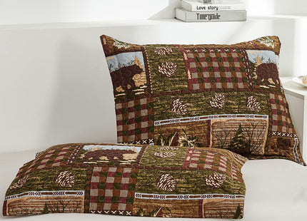 Oliven Cabin Bedding Quilt Twin Size Lodge Patchwork Quilt Set Rustic Bedspread Forest Huts Bear Duck Pine Cone Coverlet Summer Lightweight Plaid Bed Cover Pillow Shams