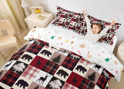 Retro Red Stripes Grid Bedding Set,Animal Silhouette Duvet Cover for Kids Teen Boys Girls,Wildlife Bear Moose Elk Comforter Cover Decorative Room,Christmas Quilt Cover with 2 Pillowcases,Full Size