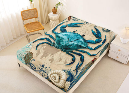 Erosebridal Sea Beach Theme Bed Sheet Set Kids Beach Crabs Print Bedding Set 3D Crab Luxury Microfiber Soft Fitted Sheet with 2 Pillow Shams, Soft Lightweight Marine Life Decorative Bed Cover,Full
