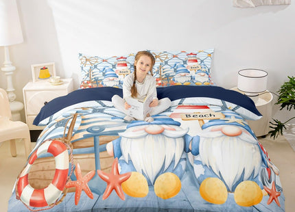 Ocean Nautical Bedding Set King Size Blue Sea Themed Xmas Gnome Duvet Cover for Boys Kids Girls Room Decor Cartoon Starfish Anchor Rudder Stripes Comforter Cover Rustic Farmhouse Quilt Cover 3pcs