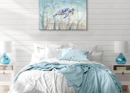 Ocean Wall Decor Blue Turtle Canvas Art Sea Grass Pictures Coastal Print Painting Nautical Artwork For Home Office Ready to Hang 36x24 Inch