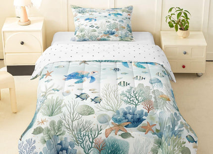 Castle Fairy Coastal Turtle Kids Comforter Set Twin Size,Fish Coral Starfish Seashell Bedding Set for Teens Adults Bedroom Decor,Ocean Beach Duvet Insert,Blue Green Quilted Duvet Set with 1 Pillowcase