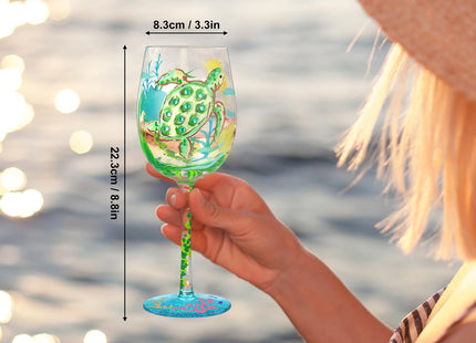 NymphFable Sea Turtle Hand-Painted Wine Glass Gift for Ocean Lovers, 15 oz
