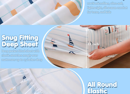 Full Sheet Set Kids Nautical Sailboat Themed Bed Sheet for Boys 4 Pieces