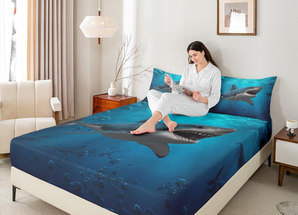 3D Shark Fitted Sheet Twin Size,Underwater World Bedding Set 2Pcs,Ocean Animals Bed Sheet for Kids Boys Girls Adult Bedroom Decor Sea Blue Gradient Deep Pocket Sheet,1 Pillowcase