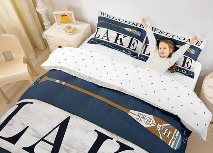 Lake House Theme Duvet Cover Queen Size,Go Boating Comforter Cover with 2 Pillowcase for Teens,Kids Lake Paddles Bedding Set,Retro Navy and Gray Breathable 3 Pcs Decorative Bed Cover(No Comforter)