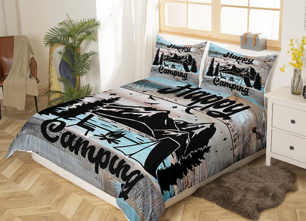 Rustic Farmhouse Style Comforter Cover Camping Themed Bedding Set for Boys Kids Teens Lodge Cabin Duvet Cover King Happy Glamping Trailer Camper Decor,Camfire Tent Retro Old Barn Door Room Decor