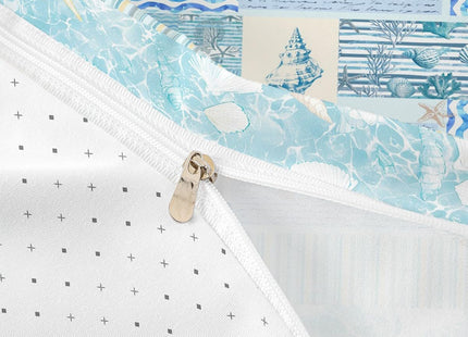 Homewish Coastal Duvet Cover Set Twin Size,Sketch Shell Coral Print Bedding Sets 2Pcs for Kids Girls Boys Adult Room Decor,Blue Stripe Plaid Comforter Cover Ocean Beach Quilt Cover,1 Pillowcase
