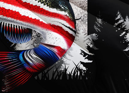 HOSIMA Soft Microfiber Black King Size Comforter Set with 2 Pillowcases,American Flag Striped Bass Pattern Bedding Sets,Fishing Comforter Kids Men Boys Room Decor,Room Essentials for Men.