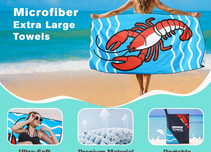 XSMEI Lobster Beach Towel Oversized 36" x 72", Sea Wave Animal Print, Sand Free Quick Dry Towels for Swimming Camping Sports Travel, Thin Lightweight and Compact, Blue