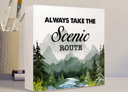 Green Always Take the Scenic Route Woodland Backdrop Camping Wood Plaque Sign Desk Decor,Rustic Camping Quote Wood Block Sign Desk Decoration for Home Camper RV Shelf Table Decor