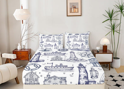 Sea Nautical Fitted Sheet Queen Size,Lighthouse Ship Sailboat Bed Sheet Coastal Ocean Theme Bedding Set 3Pcs for Kids Boys Adult Room Decor,Sketch Style Navy White Deep Pocket Sheet,2 Pillowcases
