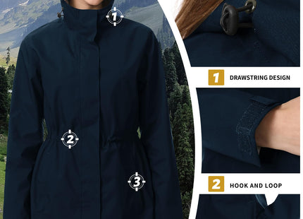iCreek Women's Long Rain Jacket Waterproof Packable Hooded Windbreaker (Navy Blue, L)