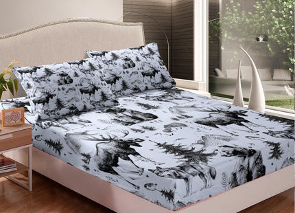 Bear Bed Sheets for Rustic Cabin,Grey Deer Moose Wolf Mountain Sheet Set Twin,Farmhouse Pine Tree Woodland Bedding Set Bedroom Decor,Retro Hunting Wild Animal Fitted Sheet + Flat Sheet + 1 Pillowcase