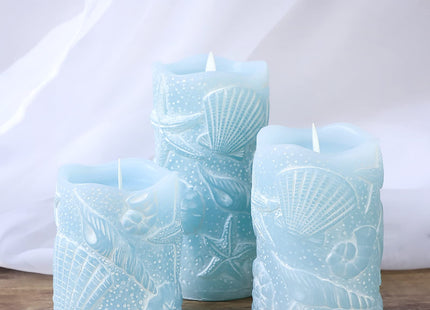 Silverstro Ocean Flameless Candles with Remote Carved Seashell Real Wax Flicker Battery Operated Candles for Home Party Wedding Nautical Summer Christmas Decor - Set of 3(Blue)