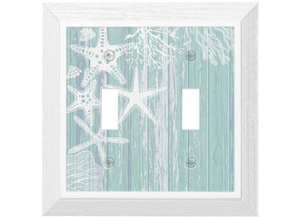 Starfish Wooden Double Toggle Light Switch Cover Plate, 2 Gang Decorative Wood Texture Wall Plate Outlet Cover Faceplate Home Decor 4.9" X 4.9"