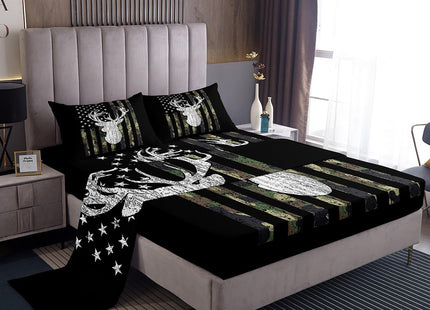 Deer Bed Sheets Twin Camo American Flag Sheet Set Camouflage Hunting Woodland Animal Bedding Sets for Kids Boys Teen Men,Rustic Deer Antler Fitted Sheet Black White Army Green Flat Sheet 3 Piece