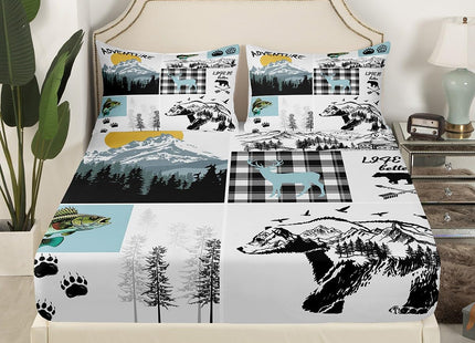 Cabin Bear Deer Bedding Sets Full,Hunting Fishing Bass Fish Bed Sheets Rustic Farmhouse Buffalo Check Plaid Sheet Set For Boys Adults Men,Wild Animal Fitted Sheet Grey Blue Flat Sheet 2 Pillow Cases
