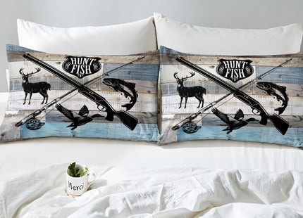 Castle Fairy Hunt Fish Twin Bed Sheet Set,Deer Bird Fish Animal Hunting,Bedding Deocr Set with 1 Flat & 1 Fitted Sheet with 1 Pillow Sham,Rustic Retro Wooden Board Kids Boys Room Mattress Protector