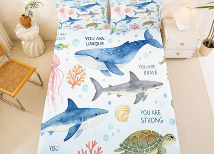 Erosebridal Ocean Animal Theme Queen Fitted Sheet, Whale Shark Sea Turtle Jellyfish Bedding Set for Kids Girls Boys, Cute Sea Animals Bed Sheets(No Flat Sheet), Coastal Beach Room Decor