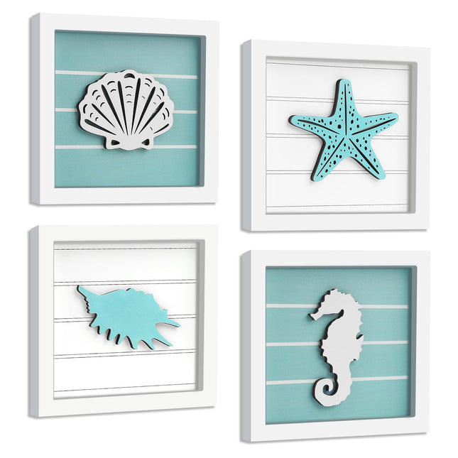 DETENE 4Pcs 3D Nautical Wall Art, Starfish Seashell Framed Bathroom Decor