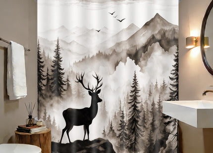 VeiVian Extra Long Brown Misty Forest Deer Shower Curtain, Nature Mountain Landscape Modern Bathroom Decor, XL Animal Shower Curtain Set Rustic Cabin Style with Hooks, 72x84