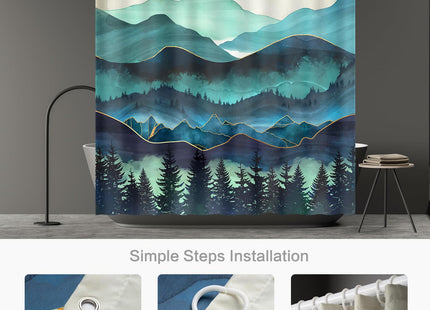Lokigo Teal Misty Mountains Shower Curtain Woodland Pine Tree, 72"x72"
