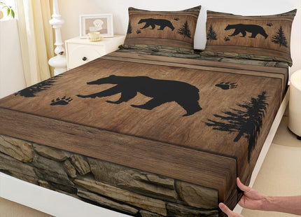 Manfei Rustic Bear Sheet Set Twin Size, Wildlife Hunting Theme Bed Sheet Set 3pcs with Deep Pocket Fitted Sheet + Flat Sheet + 1 Pillowcase, Wooden Board Bedding Set for Kids Boys Teens Room Decor