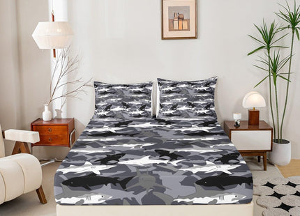 Erosebridal Boys Camo Sharks Bed Sheets Queen,Kids Black White Grey Camouflage Sheet Set Deep Ocean Animal Bedding Set,Soft Microfiber Cool Wildlife Fitted Sheet + Flat Sheet + 2 Pillow Cases