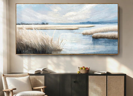 amatop Large Wall Art - Oversized Framed 58x29, Ocean Marsh Landscape Canvas Print, Horizontal Calm Coastal Nature Artwork for Bedroom Living Room Office, Neutral Farmhouse Boho Coastal Decor