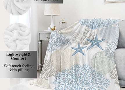 VODRM Nautical Beach Flannel Throw Blanket 50x60 Inch, Blue Beige Coral Seashell Starfish Ocean Decor, Soft Sea Fleece Blankets for Sofa Couch Bedroom, Coastal Home Decorative Gifts for Marine Lovers