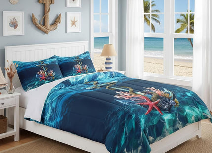 Castle Fairy Nautical Anchor 3 Pcs Comforter Set, Undersea Light Water Ripple Down Alternative Adults Bedroom Decor, Ocean Creature Starfish Coral Ultra Soft Microfiber Inner Fill, King 104''x90''