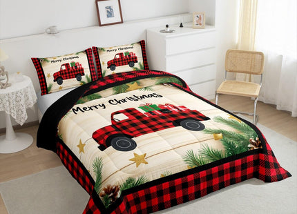 Kids Christmas Car Comforter Set Xmas Rustic Plaid Truck Bedding Set Twin,Christmas Red Black Buffalo Plaid Check Bedding Comforter Sets Farmhouse Pine Tree Leaf Quilt Duvet With 1 Pillow Case