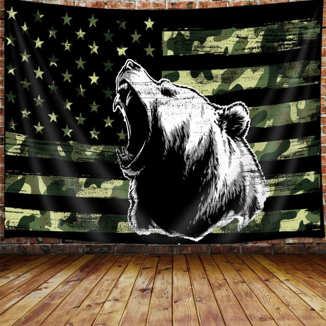 Country American Flag Bear Tapestry, Rustic Hunting Camo Animal Black and Green Tapestry Wall Hanging for Men Bedroom, Western Cabin Tapestries Poster Blanket College Dorm Home Decor 60X40inches