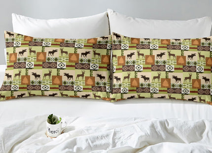 Erosebridal Rustic Boho Aztec Bed Sheets Full Woodland Moose Deer Sheet Set Southwestern Cabin Lodge Patchwork Bedding Set for Kids Adults Western Fitted Sheet Brown Green Flat Sheet 2 Pillow Cases