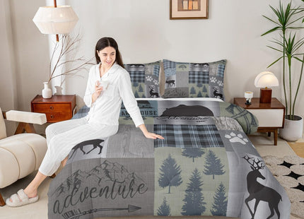 Castle Fairy Gray Green Plaid Comforter Set King Size,Woodland Animals Adventure Themed Bedding Set for Kids Boys Men Winter Room Decor,Rustic Farmhouse Quilt Set Patchwork Duvet Insert,2 Pillowcases
