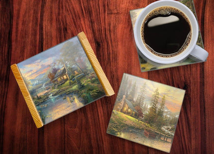 Thomas Kinkade Mountain Scenes Mountain Cabin Sunset 4 x 4 Coaster Set