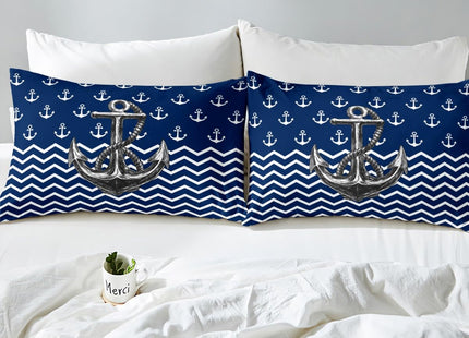 Nautical Anchor Sheet Set Twin Size Navy Blue White Geometric Stripes Bedding Set 3Pcs Kids Boys Teens Room Decor Abstract Ocean Waves Bed Sheet Sea Adventure Fitted + Flat Sheet,1 Pillowcase