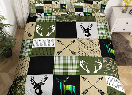 Erosebridal Woodland Animal Duvet Cover King, Deer Moose Wild Animals Comforter Cover, Checked Plaid Patchwork Bedding Set, Arrow Army Green Marble Texture Quilt Cover Western Farmhouse Decor