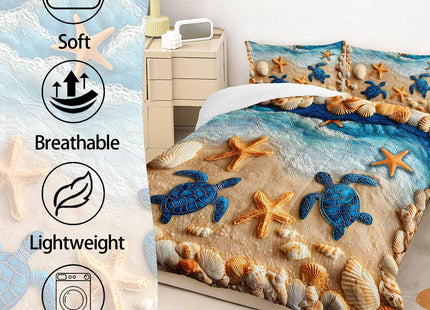 AILONEN Ocean Reef Starfish Scene Queen Bedding Set 3 Piece, Contains 1 Comforter + 2 Pillowcases, Sandy Border Coral Accents for Main Bedroom Home