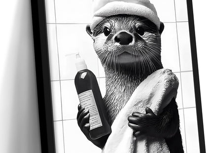Funny Otter Bathroom Wall Art, Otter Getting Ready for Bath Canvas Print, Framed Black and White Farmhouse Decor for Bathroom Restroom Guest Bath, 12x16 Inch