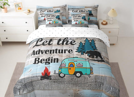 Erosebridal Rustic Camping Comforter Set for Travel Trailers Twin Size 7 Piece Farmhouse Camper Bedding Set with Sheet Set,Rv Adventure Bed in A Bag Woodland Bear Barn Door Bed Set