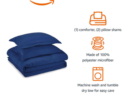 Amazon Basics 3-Piece Soft Microfiber Kid's Comforter and Pillow Sham Set, Full/Queen, Navy, Solid