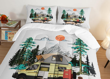 HOSIMA Kids Camper Bedding Set Twin Size,Farmhouse Rustic Happy Camping Comforter for Girls Boys,Sunset Forest Takayama Aesthetic Bedding,Outdoor Camping Themed Comforter Set with 2 Pillowcases.