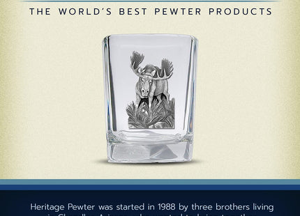 Heritage Pewter Moose Square Shot Glass | Hand-Sculpted 1.5 Ounce Shot Glass | Intricately Crafted Metal Pewter Inlay