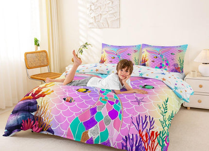 Erosebridal Little Mermaid Comforter Cover Bedroom for Girls,Nautical Sea Animal Kawaii Bedding Set King,Mermaid Tail Duvet Cover Ocean Jellyfish Coral Fish Bed Set Pastel Teal Pink Room Decor