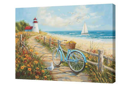 Olivine Coastal Wall Art, Beach Bicycle Pictures Wall Decor, Lighthouse Painting, Ocean Seascape Canvas Prints, Framed Artwork for Living Room Bedroom Bathroom Kitchen Office Home Decoration 20"x16"