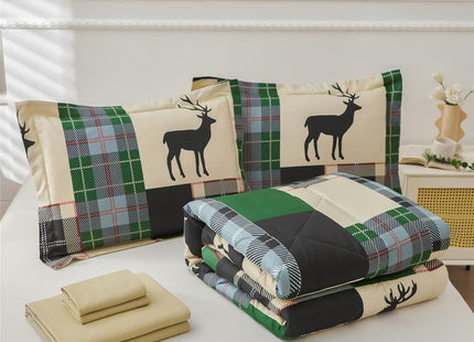 Smuge 7 Piece Queen Size Comforter Set, Lodge Moose Rustic Cabin Bed in a Bag, Soft and Breathable, Green Moose