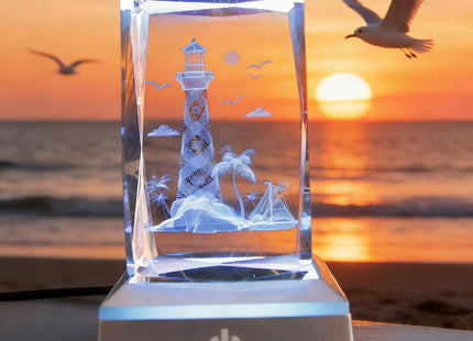 vskikris 3D Laser Crystal Lighthouse Seabird Coast Cube with LED Stand Base - 3D Engraving Light House Decorations for Home Lighthouse Gifts - Crystal Night Lamp with Adjustable LED Lights