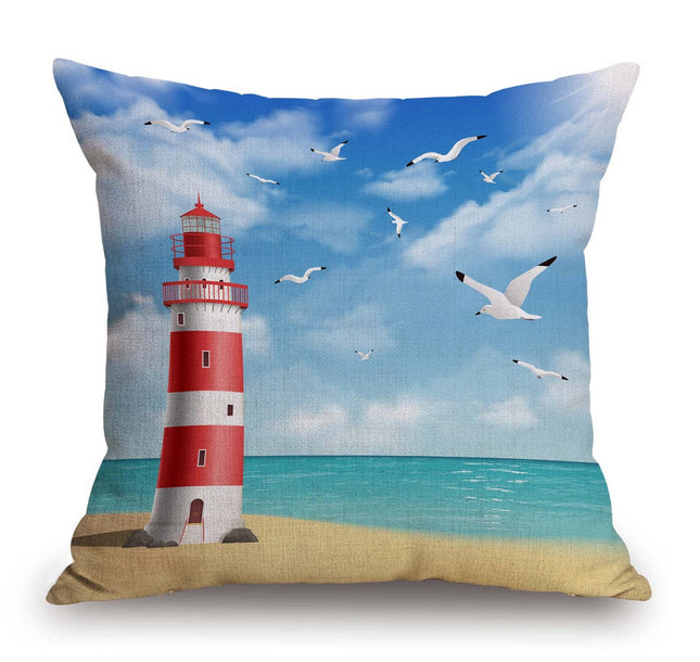 TSSOHU Lighthouse Throw Pillow Cover Ocean Beach Seagull Blue Sky White Clouds Simple Blue Red White Decorative Pillow Case Cotton Linen Cushion Cover Decor 18x18 Inch Pillowcase for Home